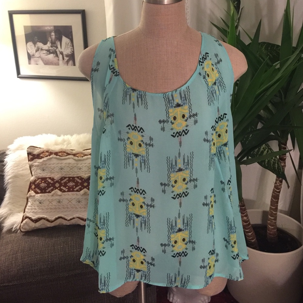SALE! Blue Silky Tribal Top with Black Lace Back