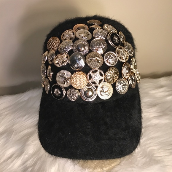Black Faux Fur Hat w/ Gold Buttons - Picture 1 of 4