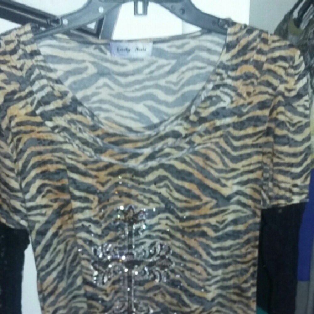 Animal print long sleeve laced sequence  cross on