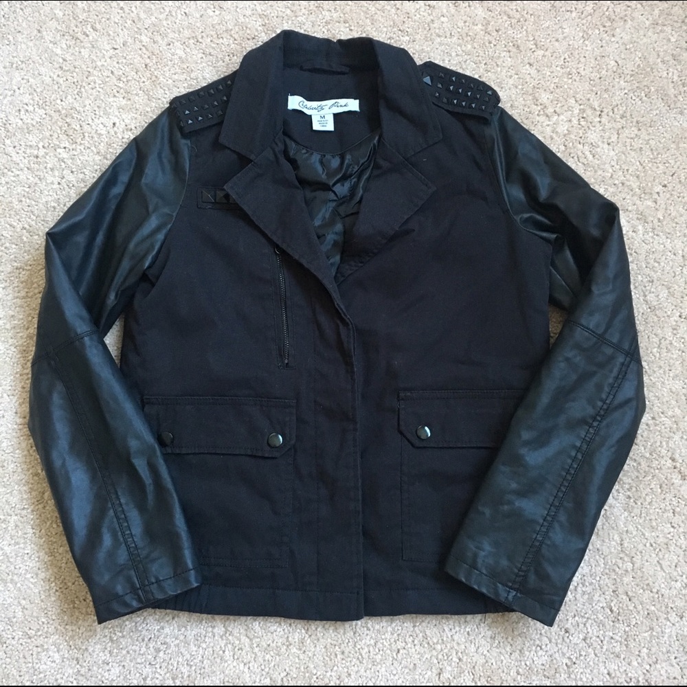Black Military Jacket w/ Faux Leather Sleeves