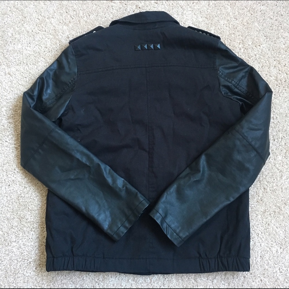 Black Military Jacket w/ Faux Leather Sleeves - Picture 2 of 2