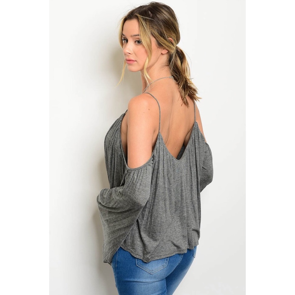 ๐CLEARANCE๐ Gray Cold Shoulder Bell Sleeve Top - Picture 2 of 4
