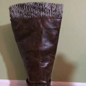 Women's Knit Cuffed Brown Leather Boots