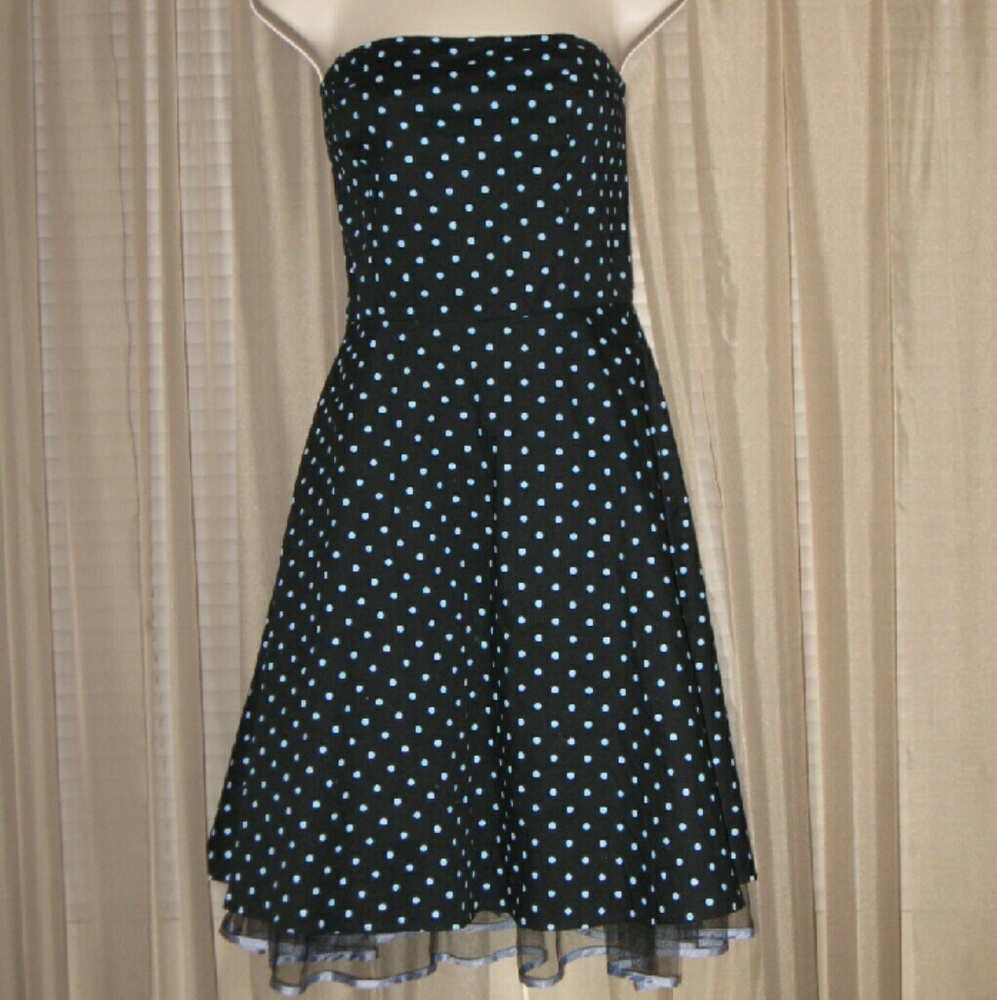 M Black Blue Polka Dor Strapeless Cute Dress