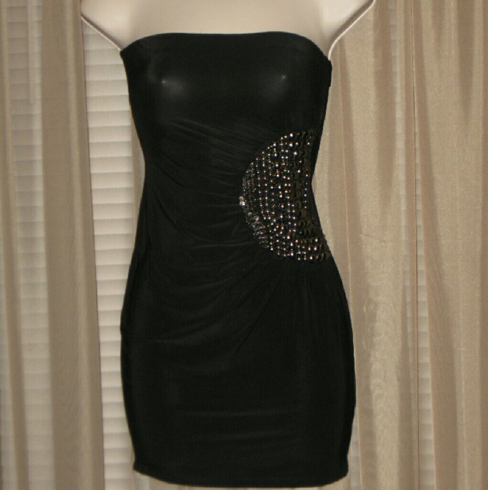 Cute Black Stretchy Metallic Stud Mini Dress
