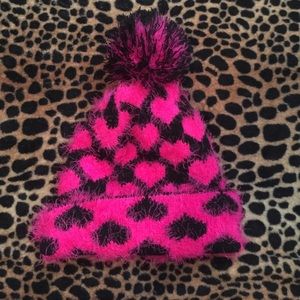 Winter Pom Pom hat. Pink and black hearts.