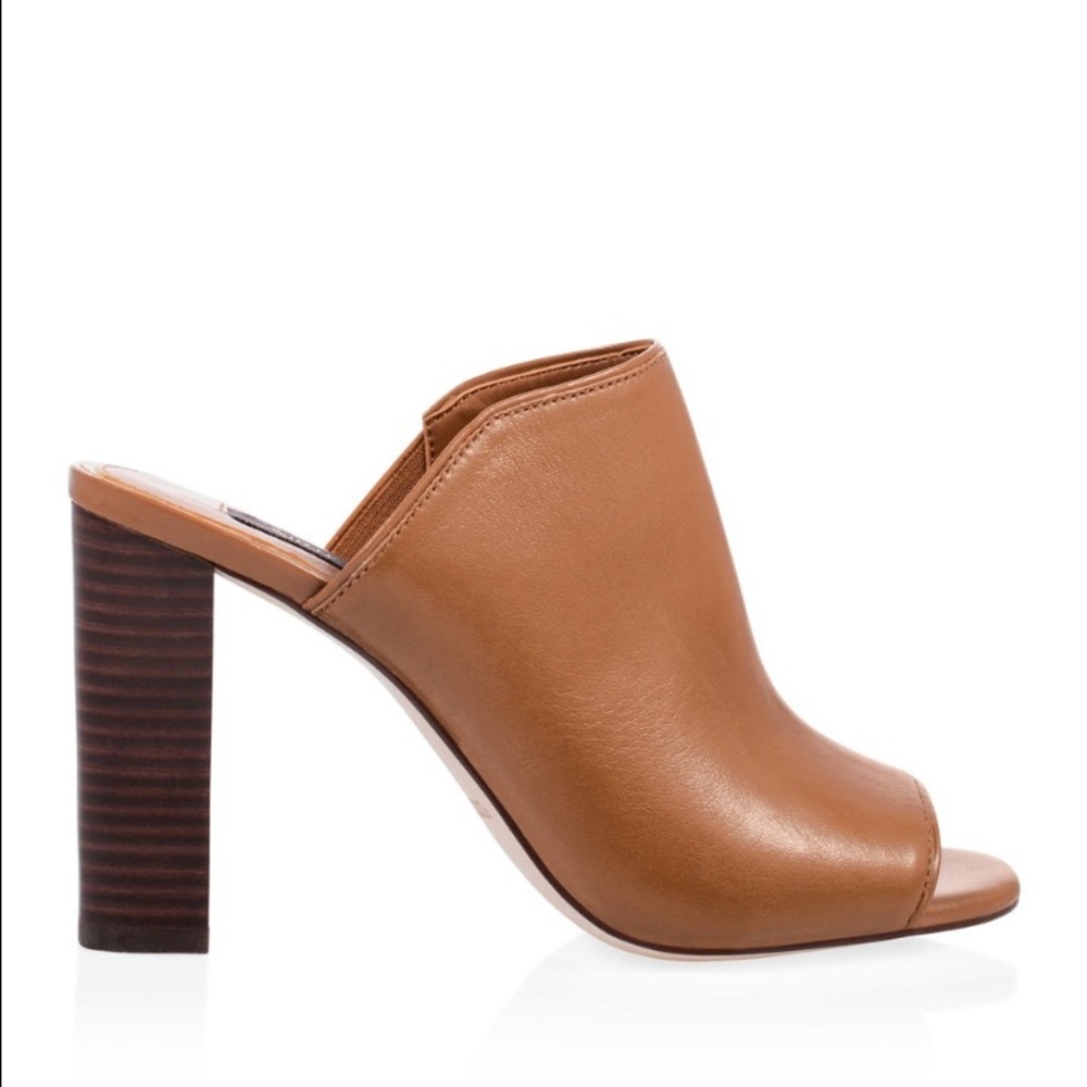 Camel leather mules, stacked heel, WHBM, size 7