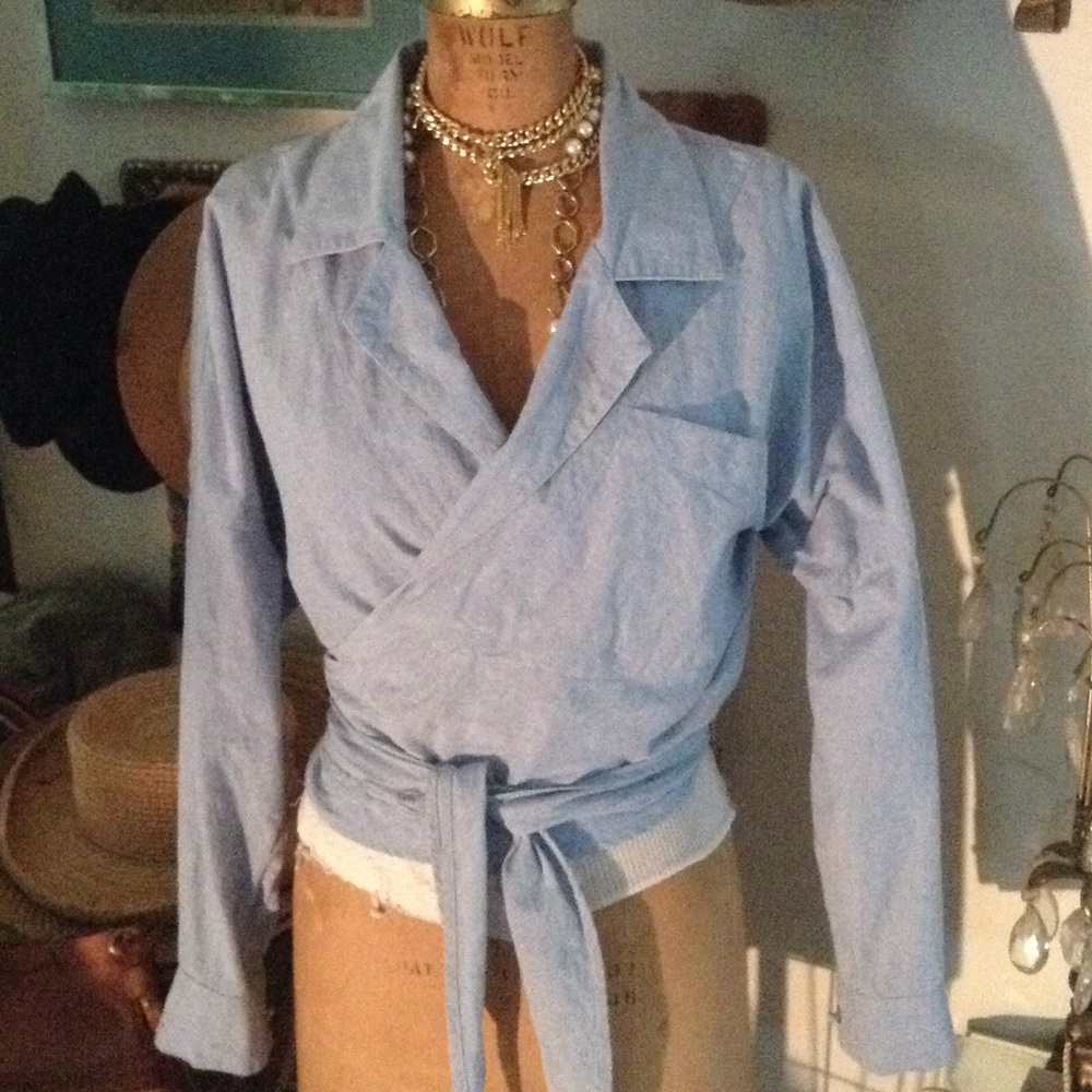 Chambray wrap tie front blouse