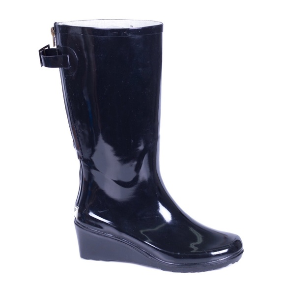 Women's Rubber Rain Boots, Wedge Wellies Rainboots, Black, NEW - Picture 3 of 4
