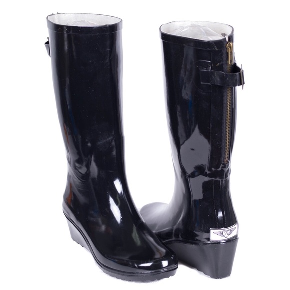 Women's Rubber Rain Boots, Wedge Wellies Rainboots, Black, NEW - Picture 4 of 4