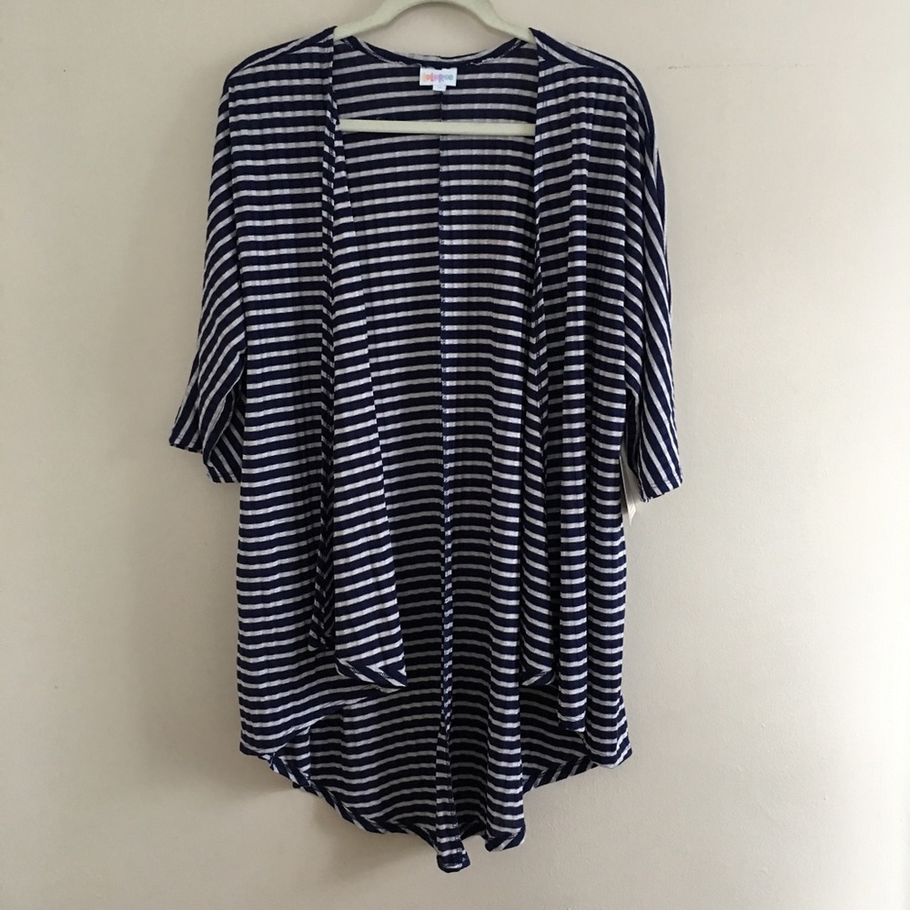 LuLaRoe Lindsay Kimono Blue & Cream/Grey Stripes