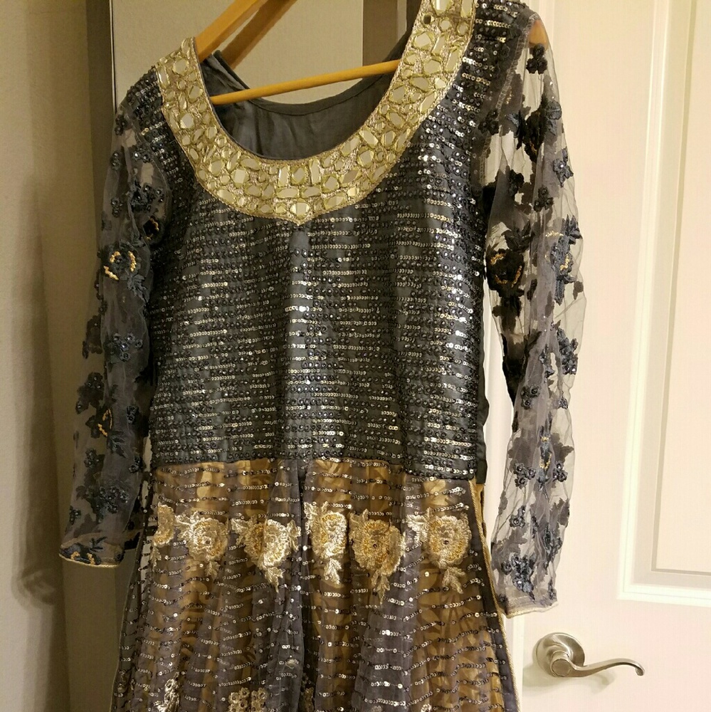 Beautiful indian long dress in gray and gold color