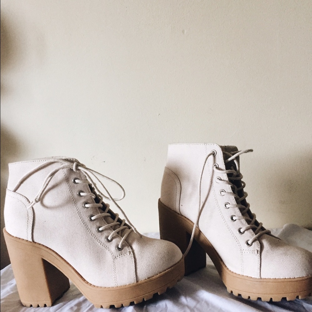 Nude color lace up platform boots