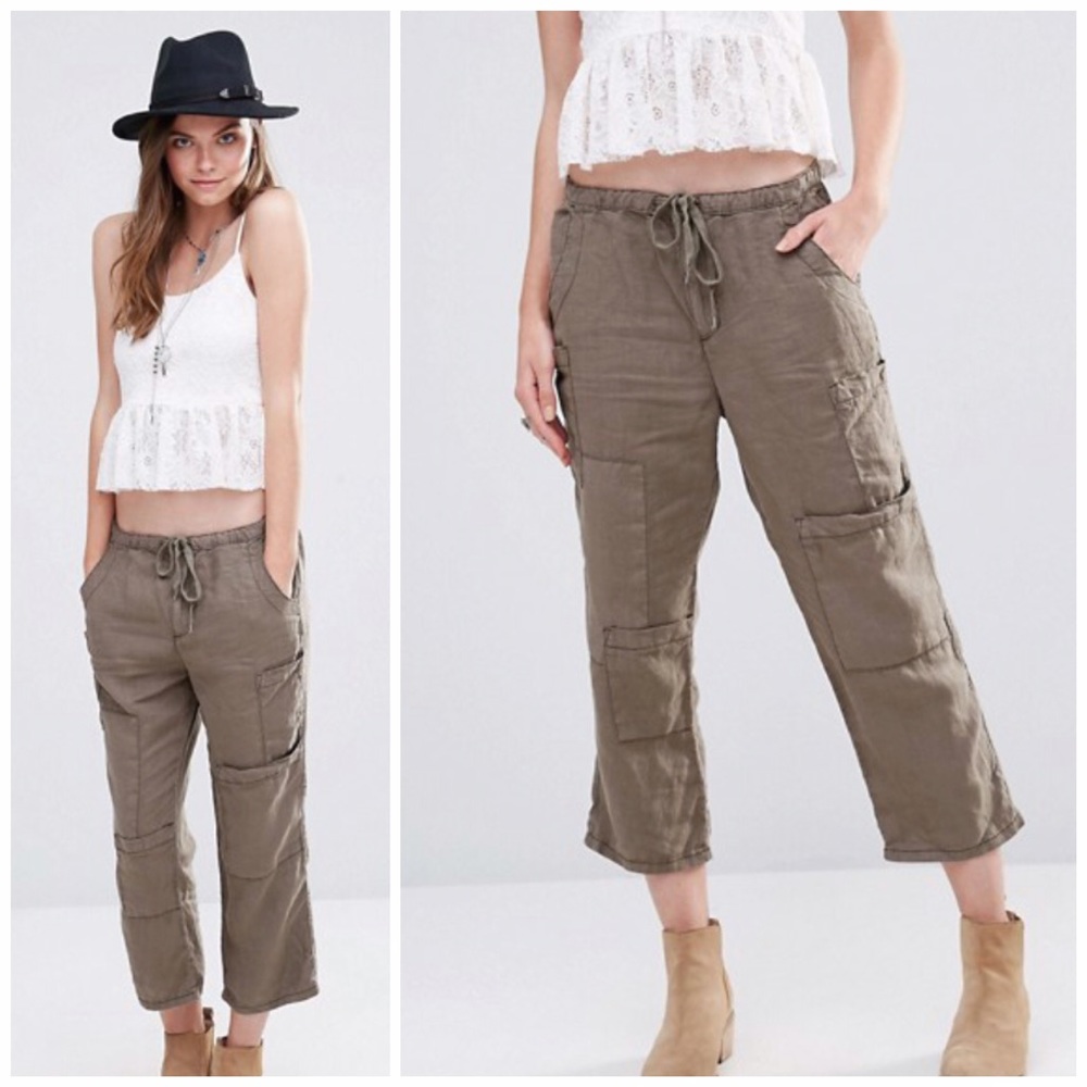 Free People Cropped Cargo Linen Pants in Natural