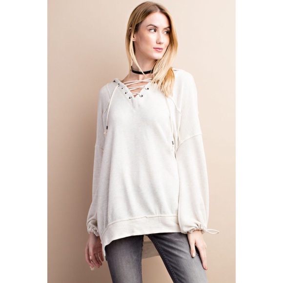 Oatmeal Front Lace Up Sweatshirt - Picture 2 of 4