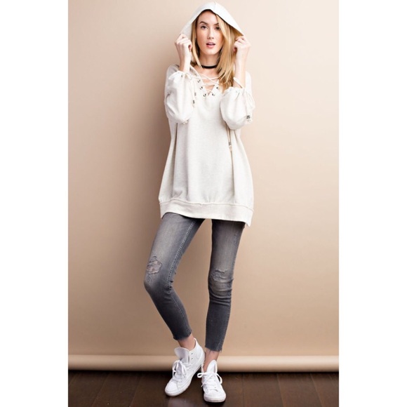 Oatmeal Front Lace Up Sweatshirt - Picture 3 of 4