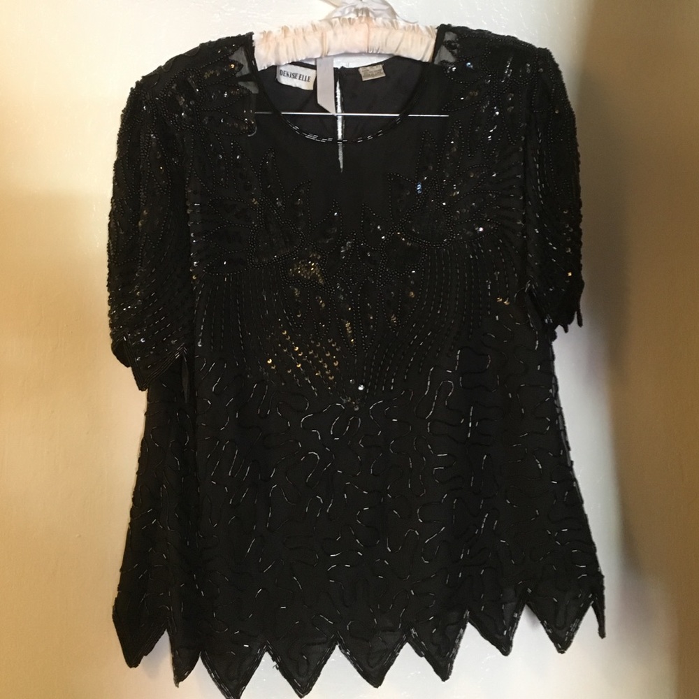 Beautiful Vintage Black Sequin Top Silk Shell Lg