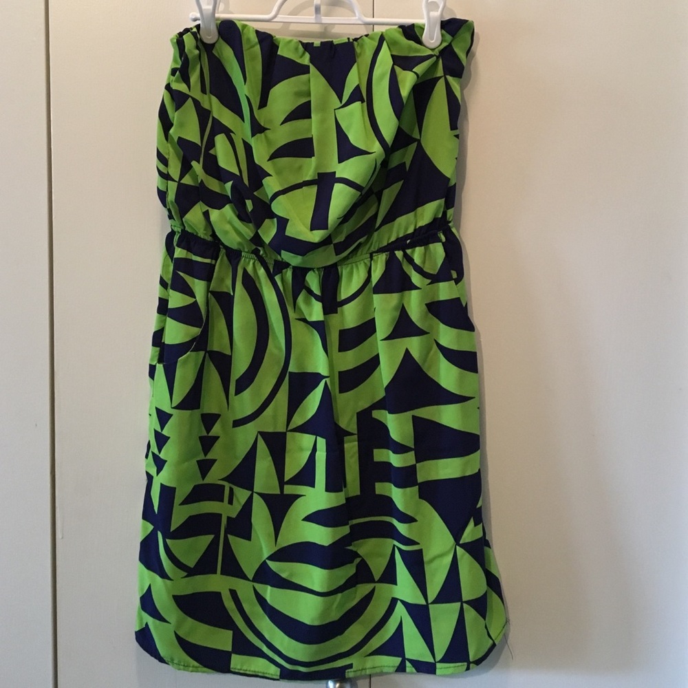 Navy and Lime Green Strapless Dress