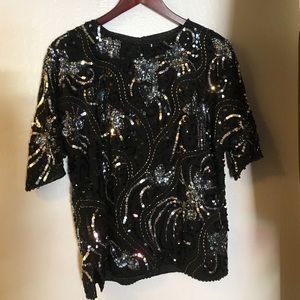 Vintage Sequin & Beaded Blouse Black silver & gold
