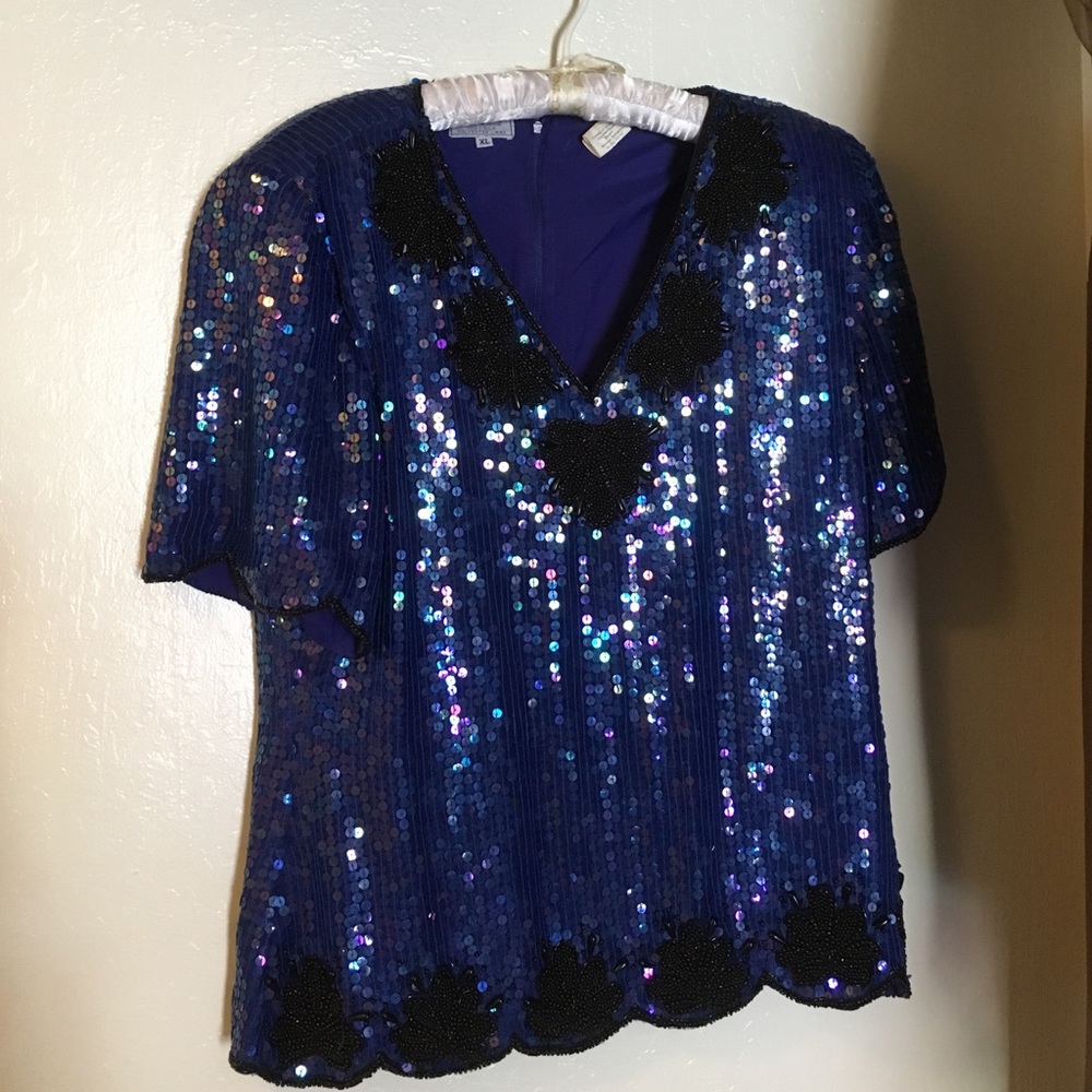 Vintage Deep Blue & Black Sequin Beaded Top Lg