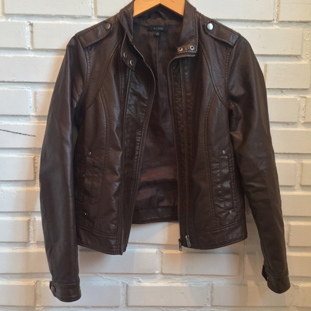 Vegan leather brown bomber jacket