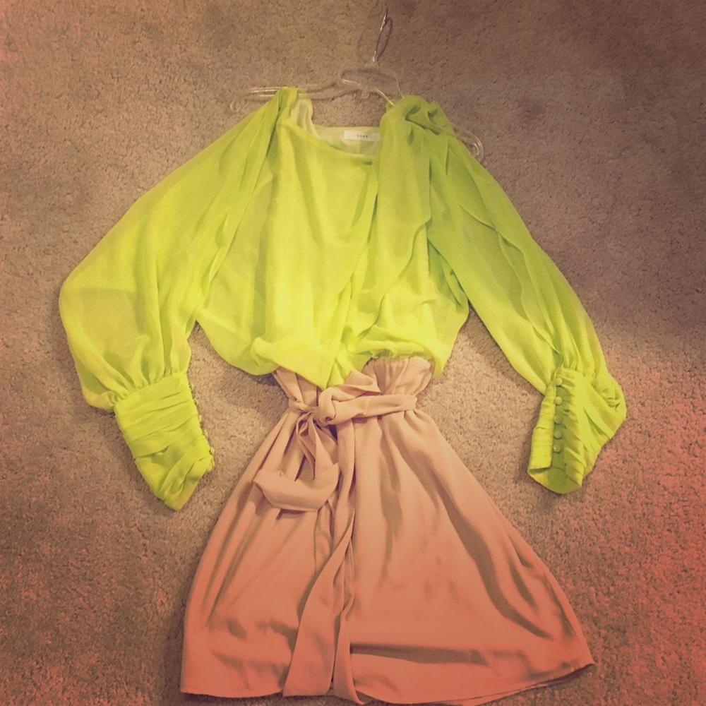 Yellow/Green Top With Beige Bottom Two-Tones Dress
