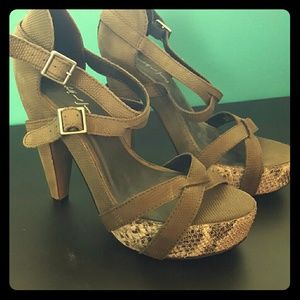 Olive leather & faux python strappy heels