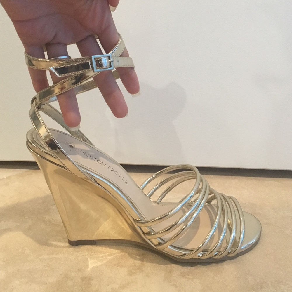Metallic strappy low wedge