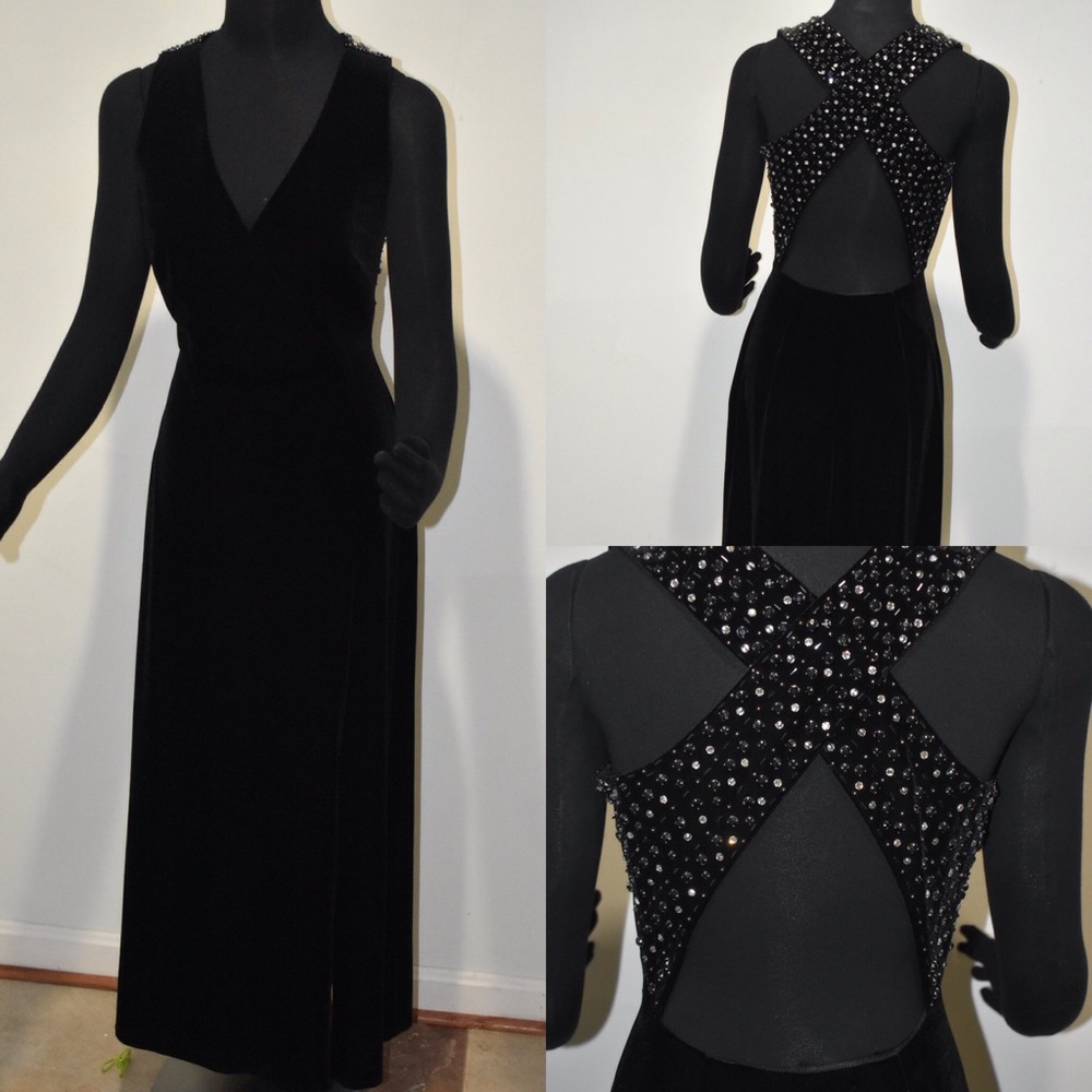 NWOT Black velvet front slit dress