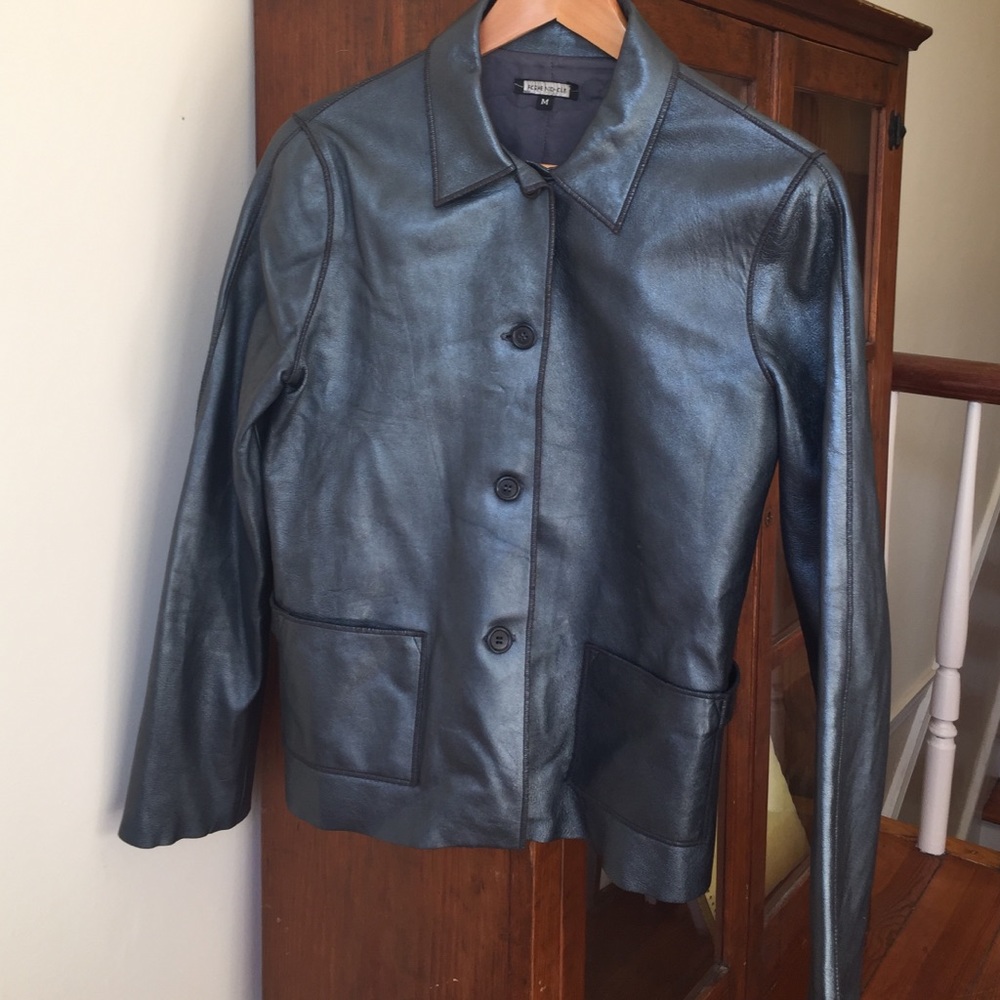 Roxae Nichols grey metallic leather jacket.