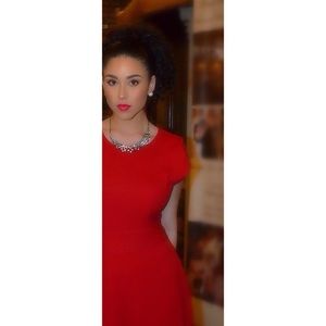 Ladies Red A-line Midi dress with short sleeves.