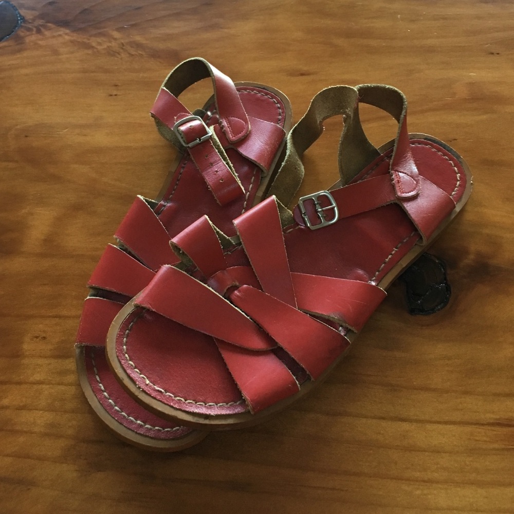 Red saltwater sandals.