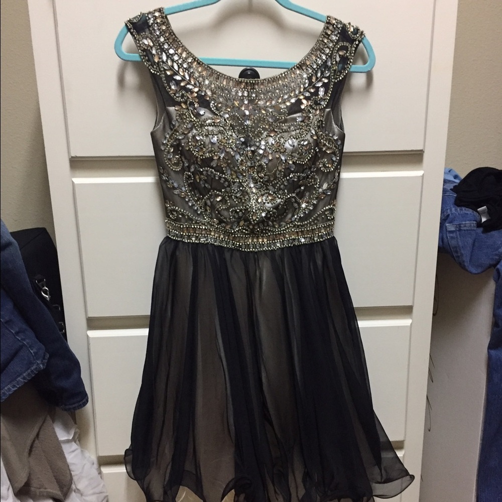 Champagne homecoming or prom dress w/ black sheer