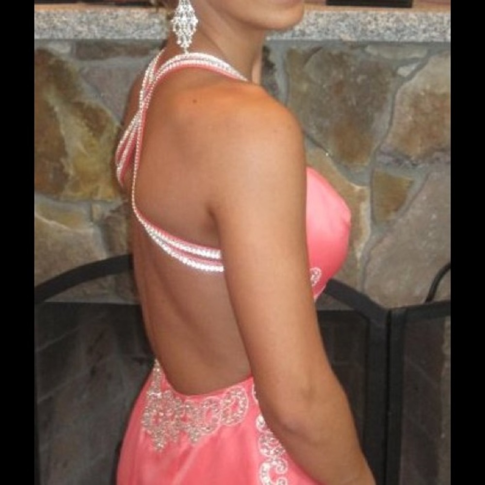 Coral rhinestones studded dress, floor length