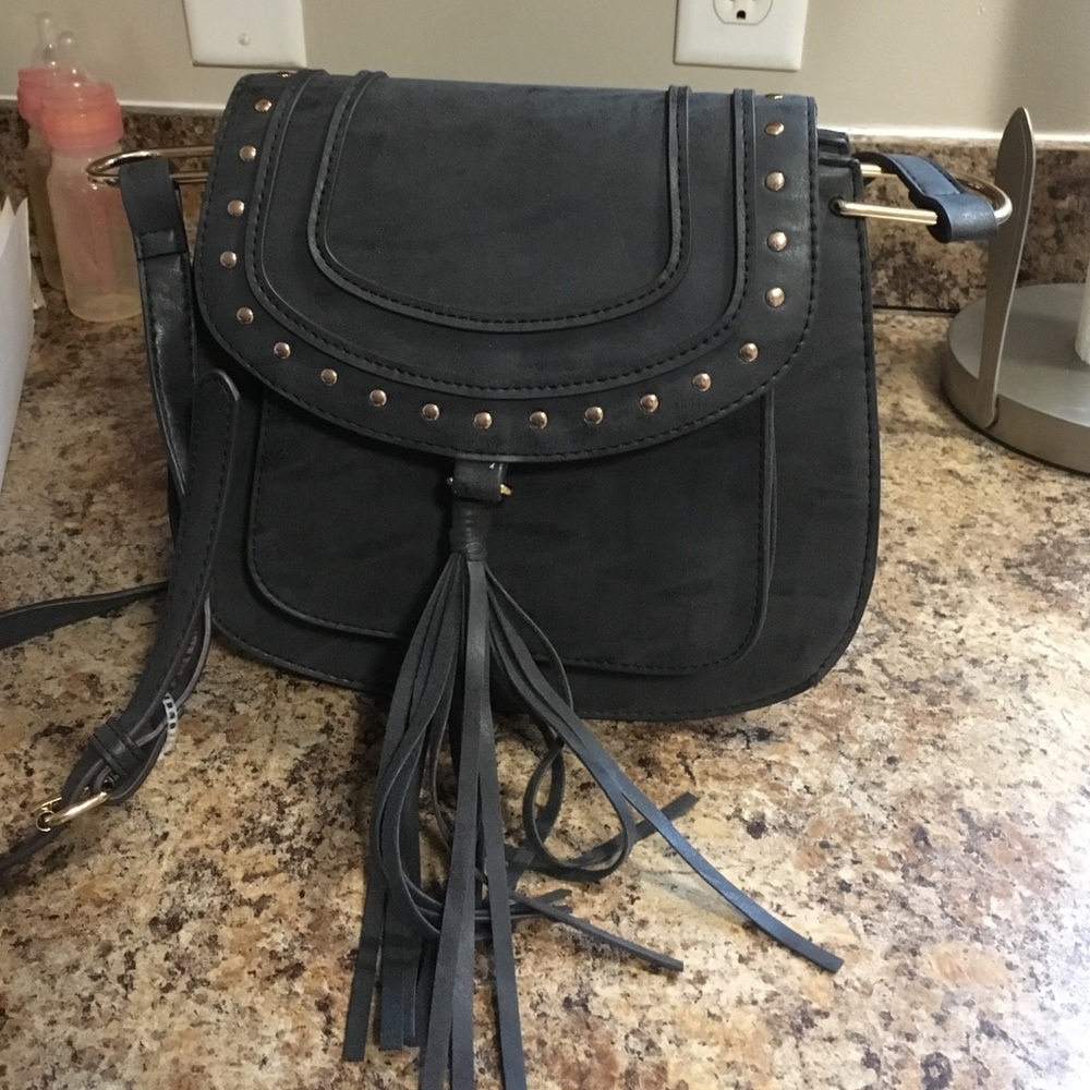 Black cross body fringe bag