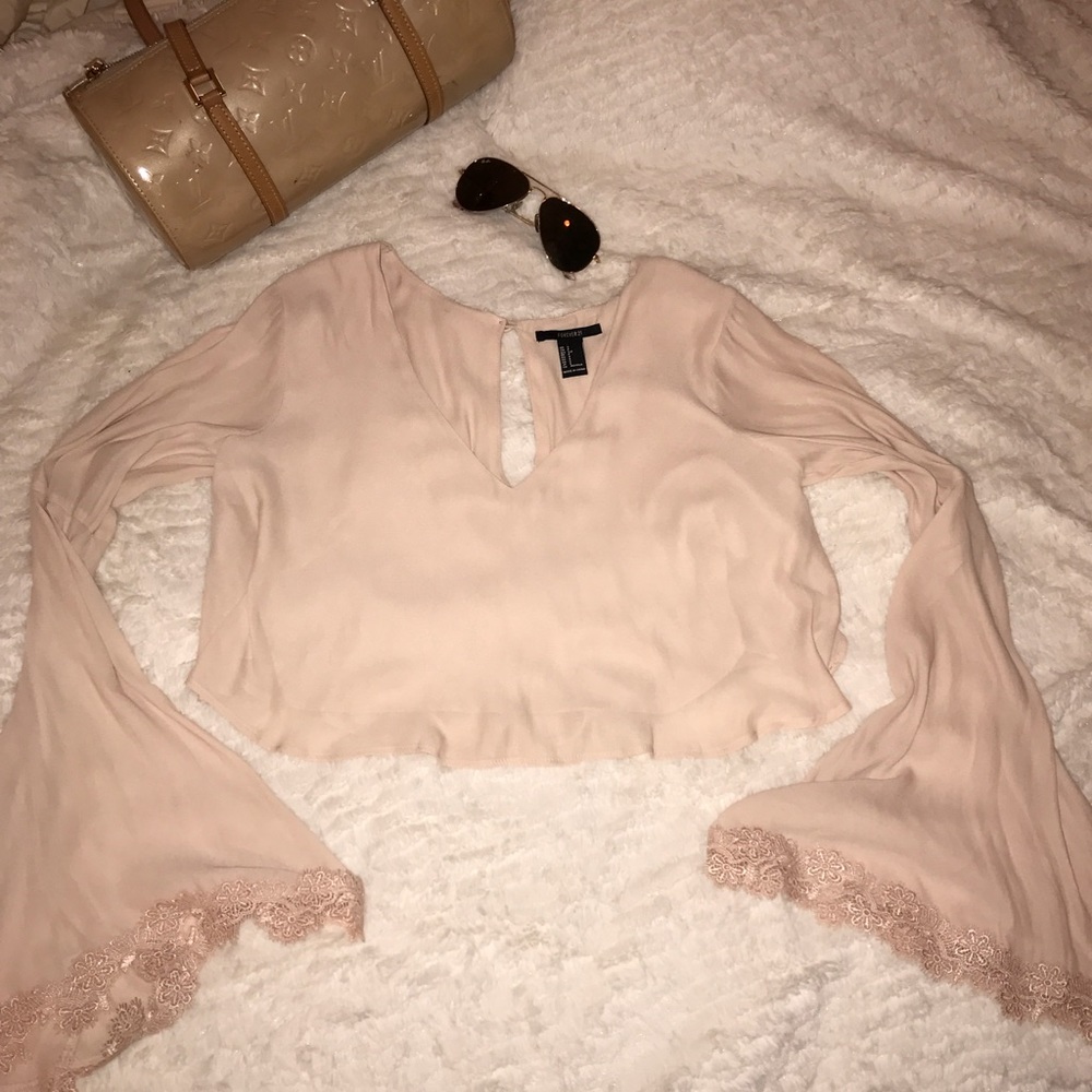 New cream pink BOHO crop top bell sleeves