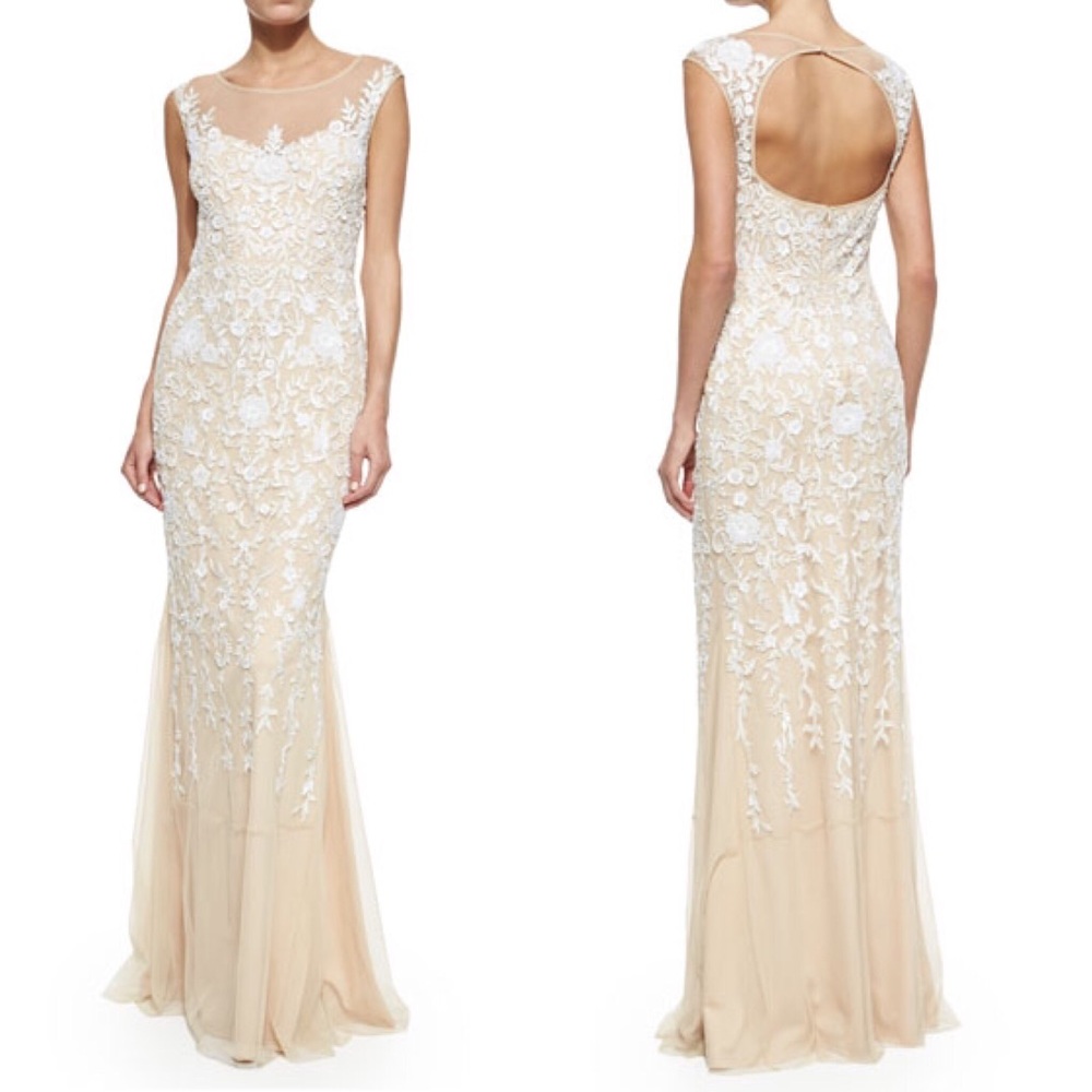 Badgley Mischka Floral-Embroidered Tulle Gown