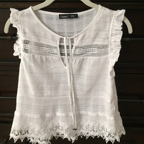 Gypsy 05 Tops - Gypsy 05 white cotton crochet Boho Top small