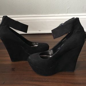 Black faux suede wedges