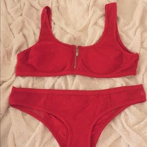 Sexy red mesh bikini set.