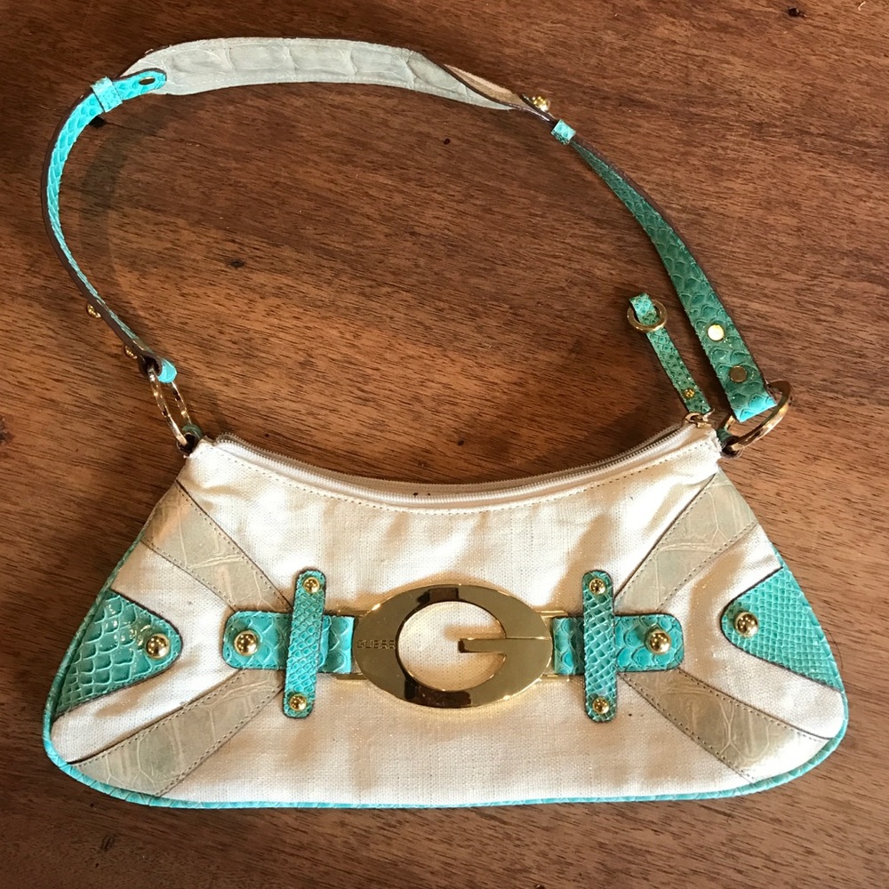 Small GUESS handbag. Linen with gold AND TEAL.