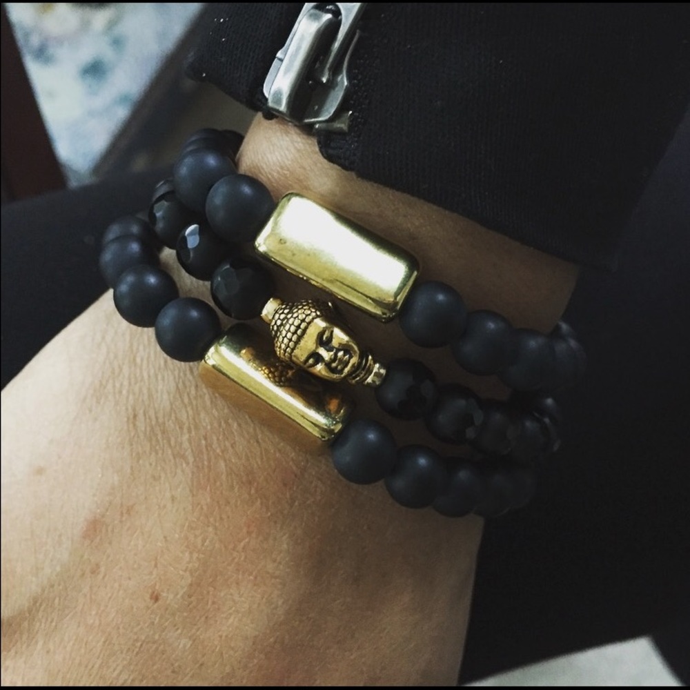 Gold Bar Buddha Black Stretch Stackable Bracelets