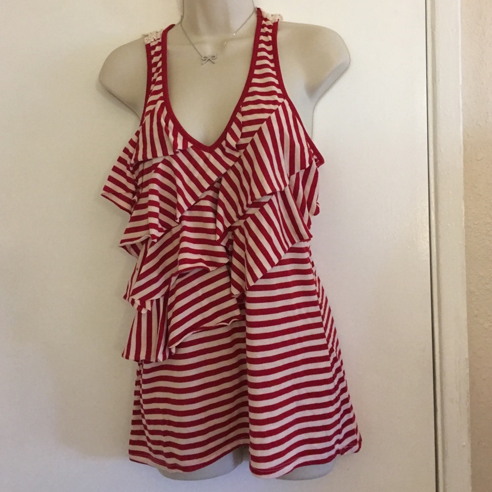 EYELASH Red and White Striped ruffled tank