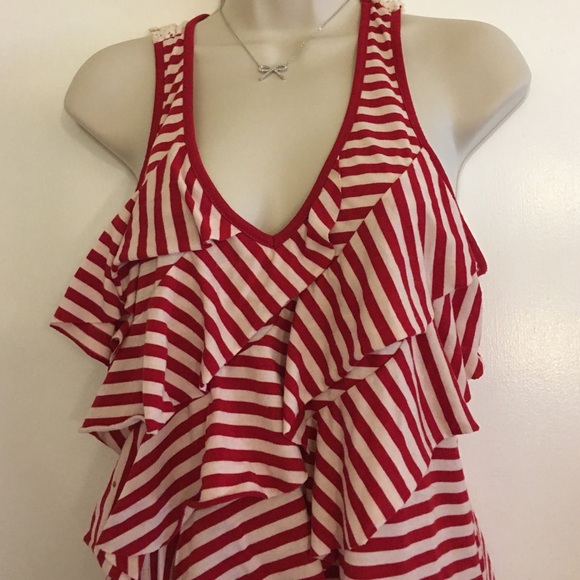 EYELASH Red and White Striped ruffled tank - Picture 2 of 4