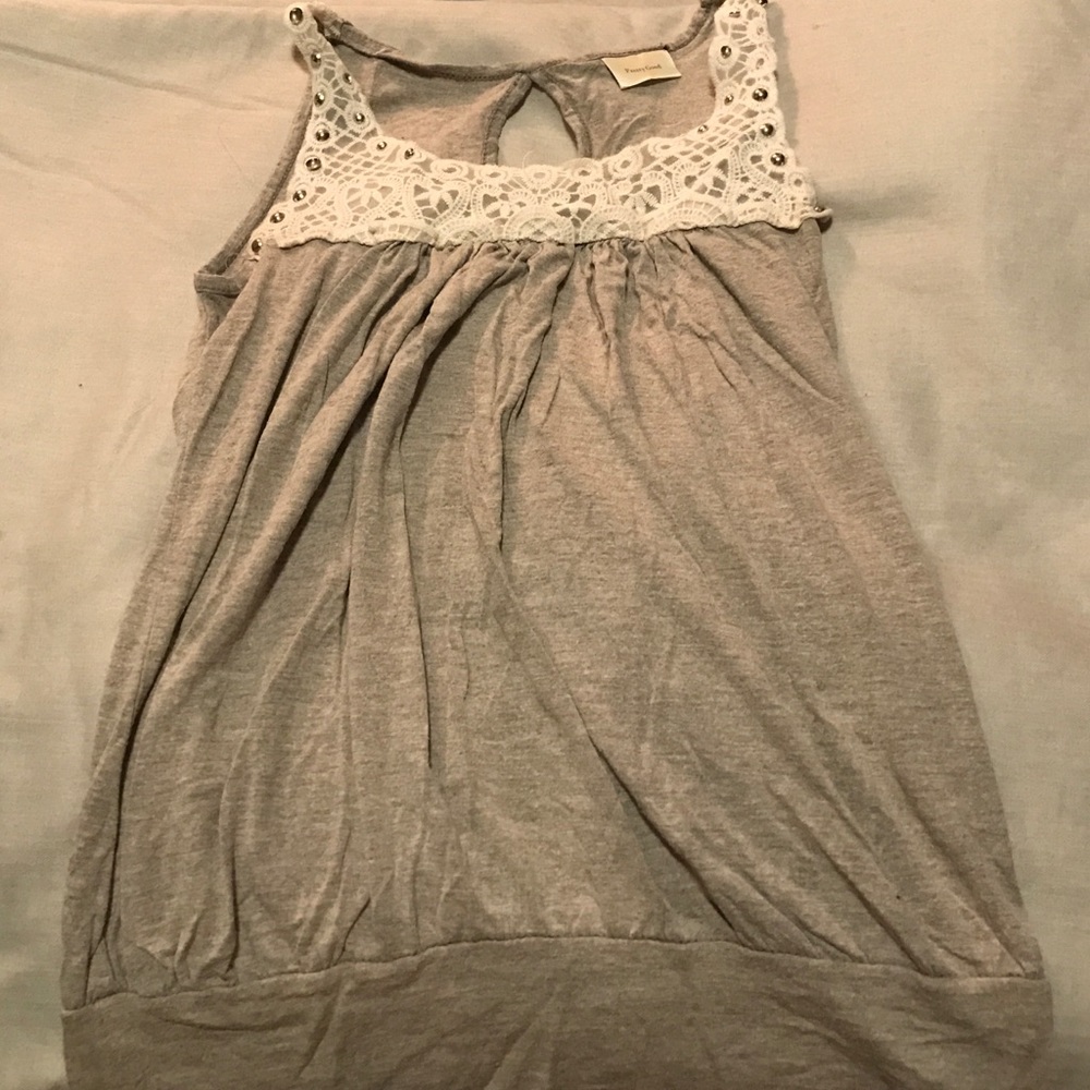 "Pretty Good" grey and white lace tank top