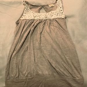 "Pretty Good" grey and white lace tank top