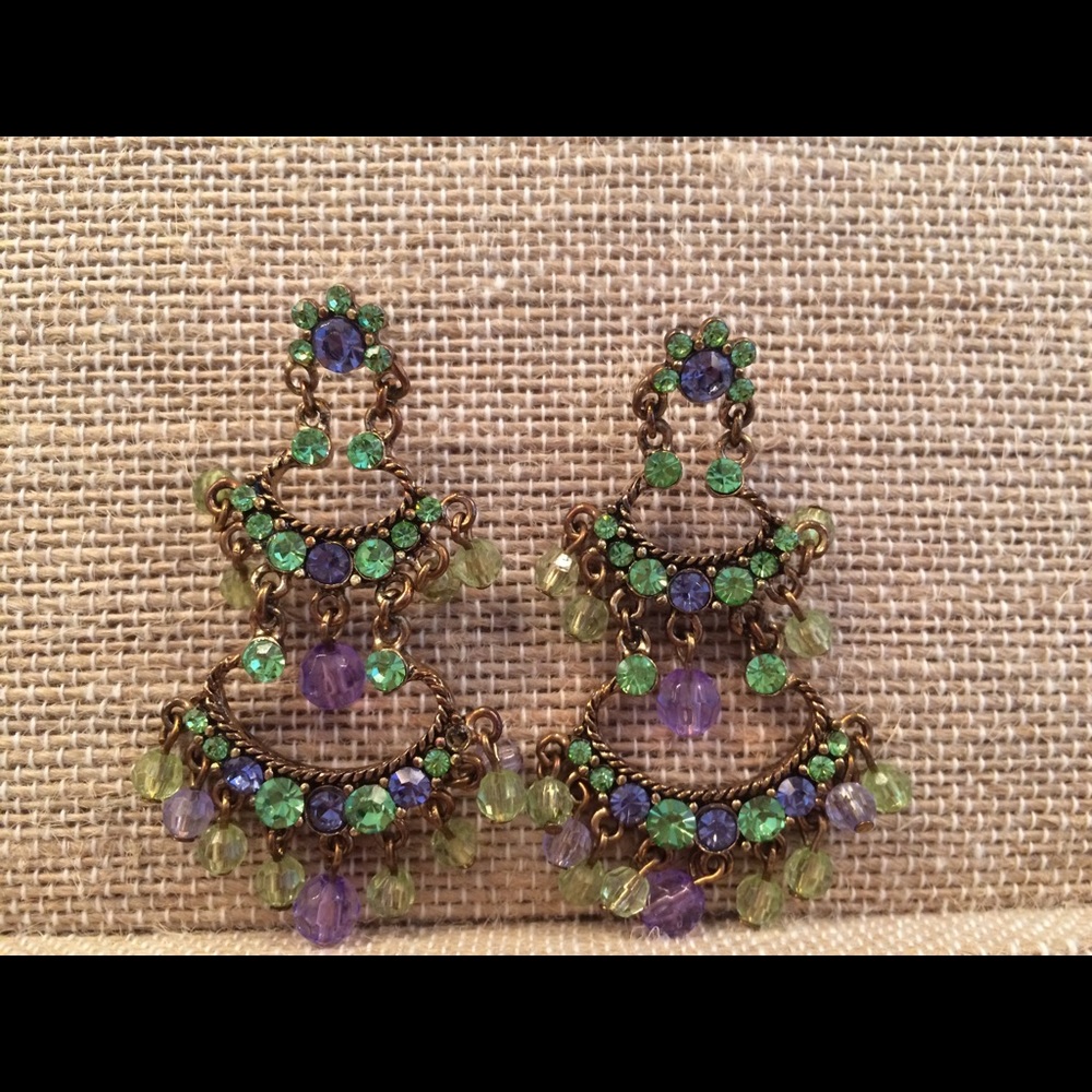 chandelier earrings- green and purple rhinestone