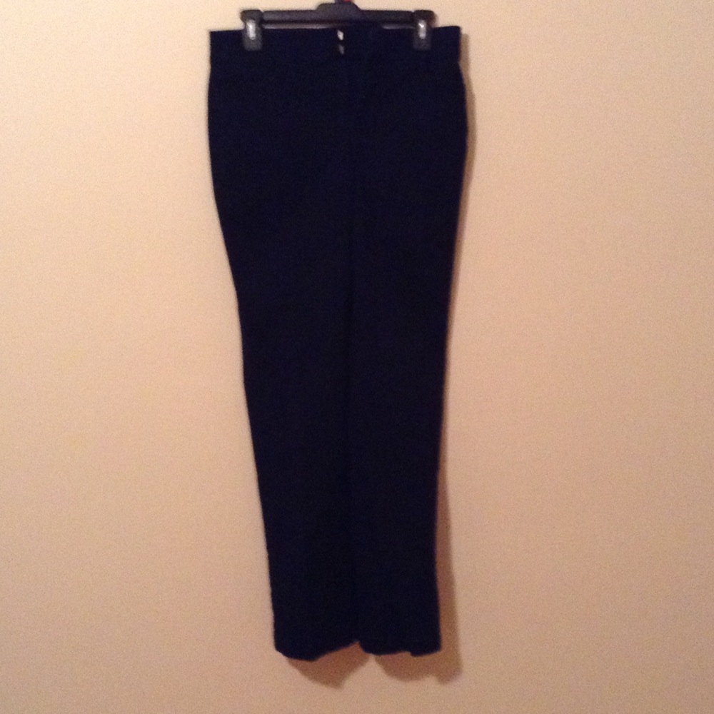 Dark navy, straight-leg twills, like new.