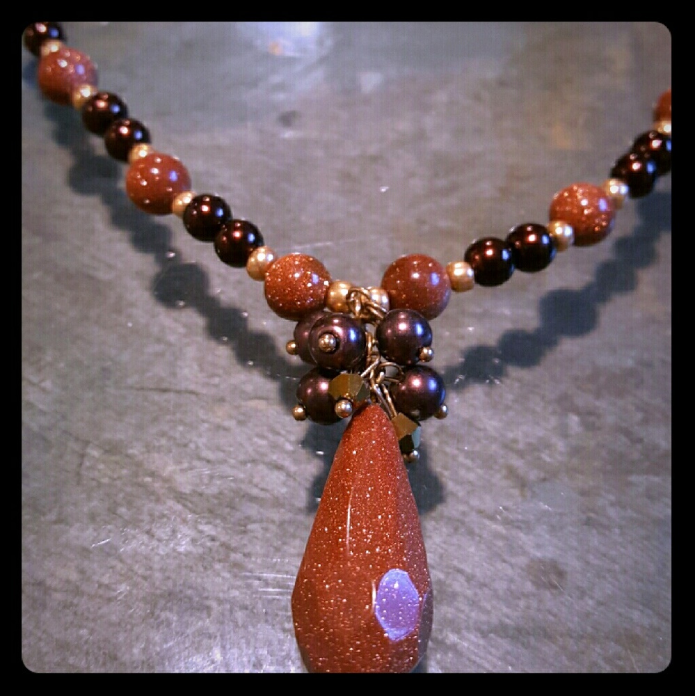 Handmade Brown Goldstone faceted teardrop necklace