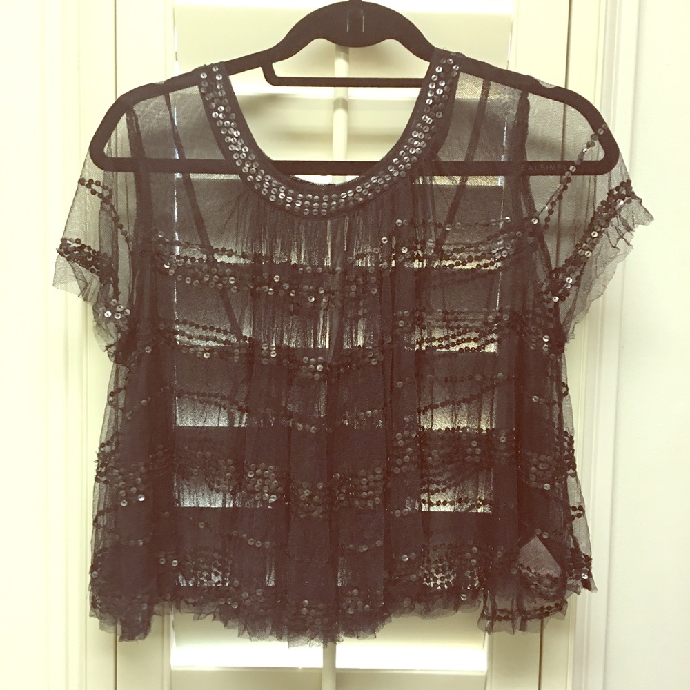 Free People black  mesh sequence crop top